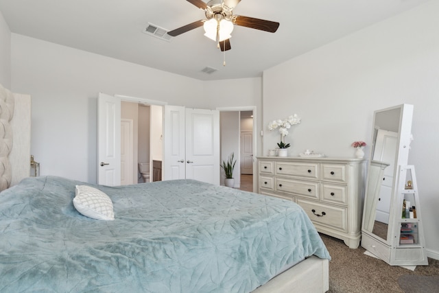 carpeted bedroom with ceiling fan