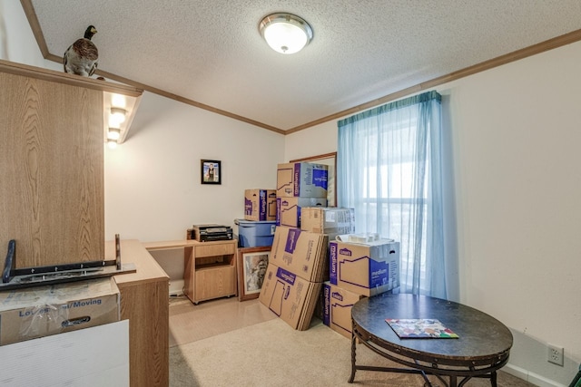 carpeted office featuring crown molding, lofted ceiling, and a textured ceiling