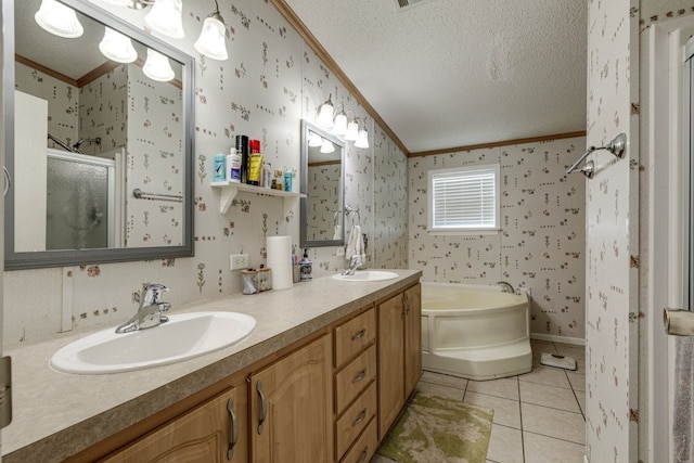 bathroom with a textured ceiling, ornamental molding, vanity, plus walk in shower, and tile patterned flooring