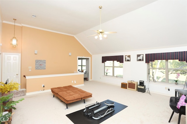 living room featuring vaulted ceiling, carpet, ornamental molding, and ceiling fan