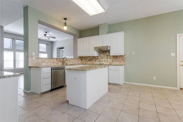 kitchen featuring white cabinetry, dishwasher, light tile patterned flooring, and kitchen peninsula