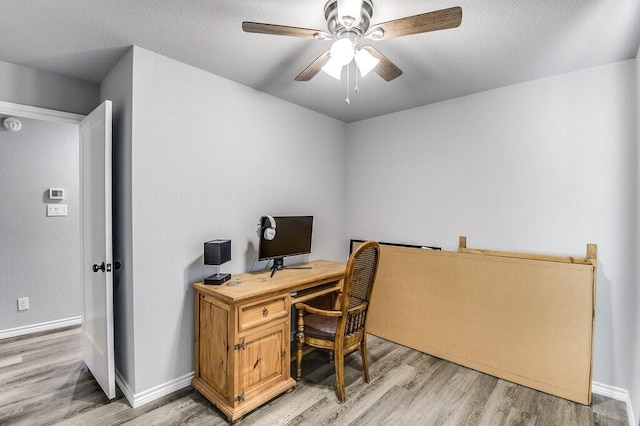 home office featuring ceiling fan and light hardwood / wood-style flooring