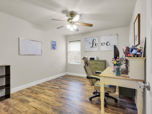 office area featuring hardwood / wood-style flooring and ceiling fan