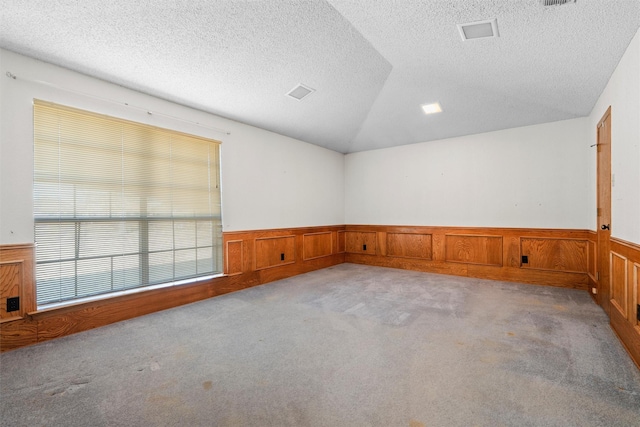 empty room with lofted ceiling, light carpet, and a textured ceiling