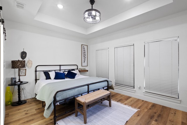 bedroom with a raised ceiling and light hardwood / wood-style flooring