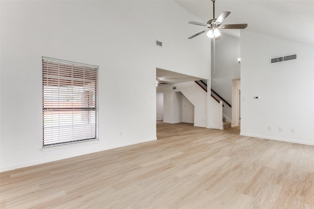 unfurnished living room with high vaulted ceiling, ceiling fan, and light hardwood / wood-style flooring