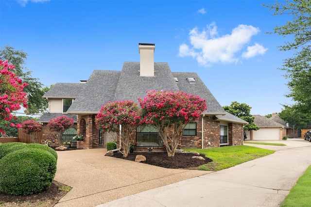 view of front of home with a front yard, fence, a chimney, a shingled roof, and brick siding