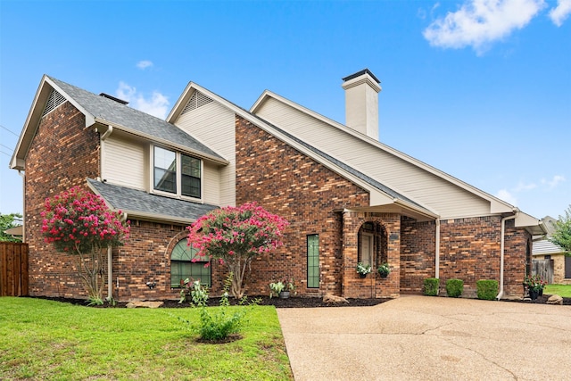 view of front facade with brick siding, a shingled roof, a front lawn, fence, and a chimney