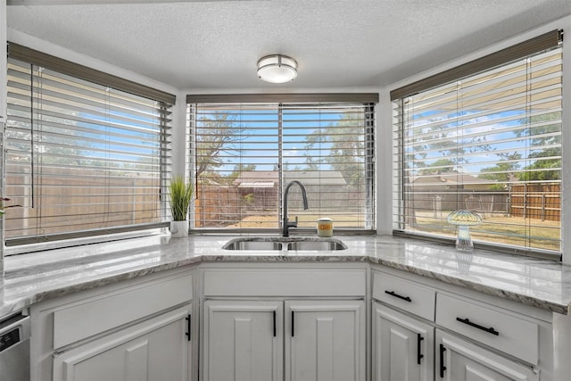 kitchen with sink, a textured ceiling, plenty of natural light, and white cabinets