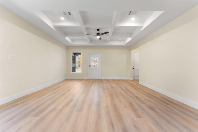 empty room with ceiling fan, coffered ceiling, beam ceiling, and light wood-type flooring