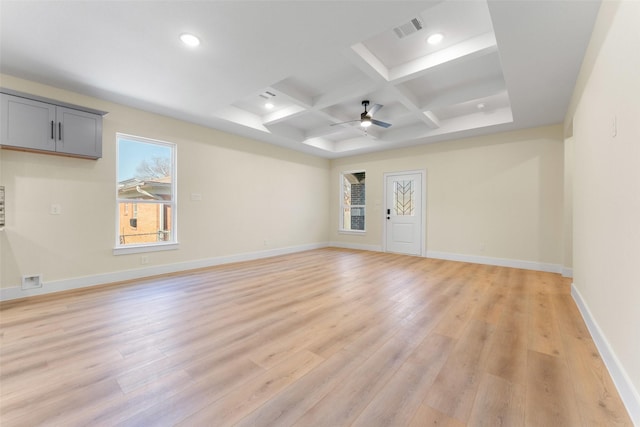 empty room with ceiling fan, coffered ceiling, beam ceiling, and light hardwood / wood-style flooring