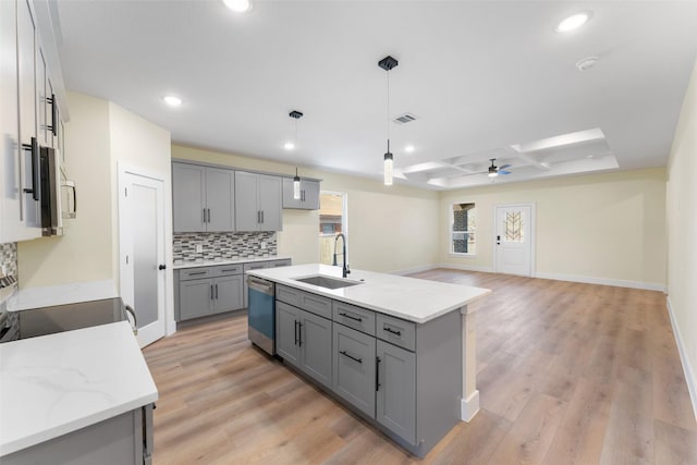 kitchen featuring sink, appliances with stainless steel finishes, coffered ceiling, an island with sink, and decorative backsplash