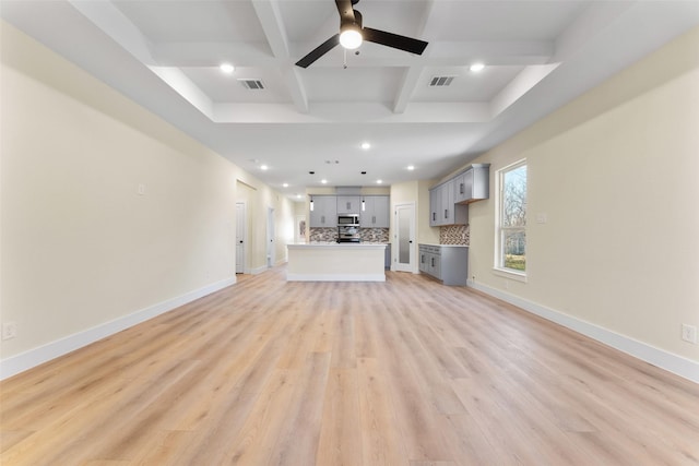 unfurnished living room with coffered ceiling, beamed ceiling, ceiling fan, and light wood-type flooring