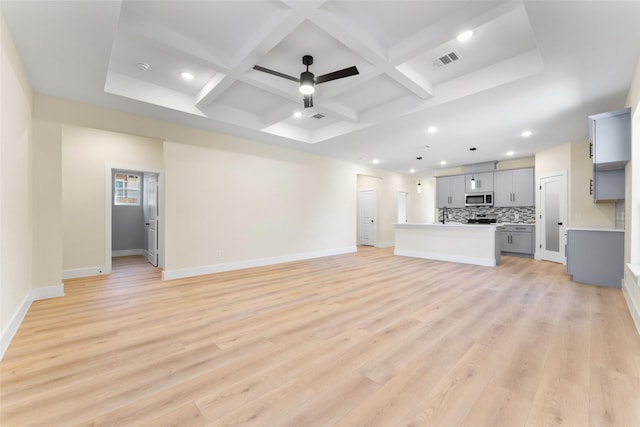 unfurnished living room featuring beamed ceiling, ceiling fan, coffered ceiling, and light hardwood / wood-style flooring