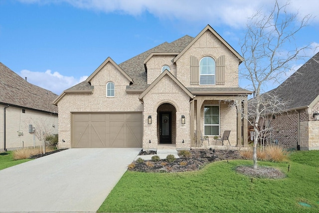 french provincial home with a garage and a front lawn