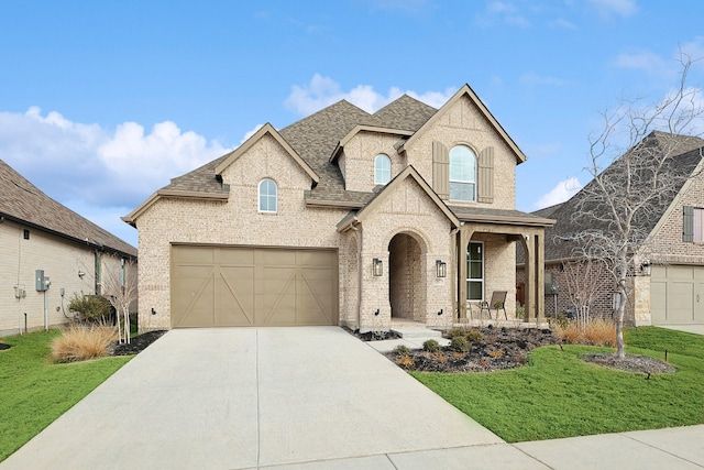 french provincial home with a garage, covered porch, and a front lawn