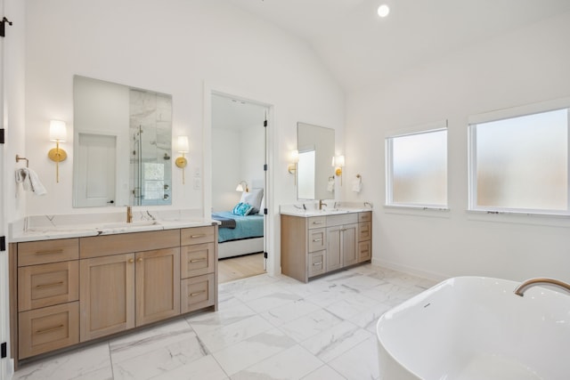 bathroom with shower with separate bathtub, lofted ceiling, and vanity