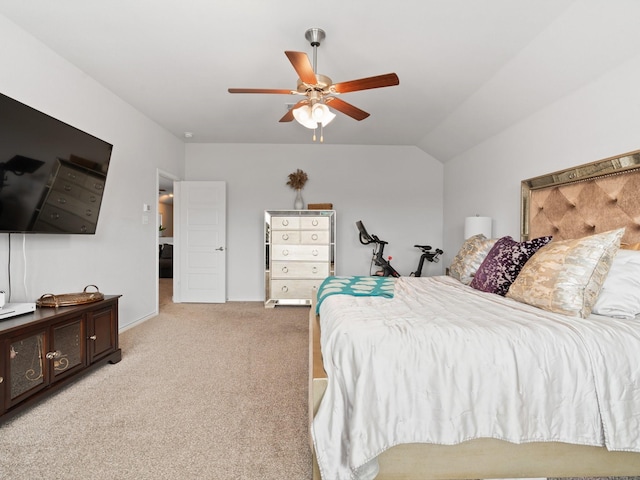 carpeted bedroom with lofted ceiling and ceiling fan