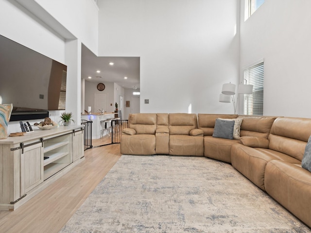 living room with a wealth of natural light, light hardwood / wood-style floors, and a high ceiling