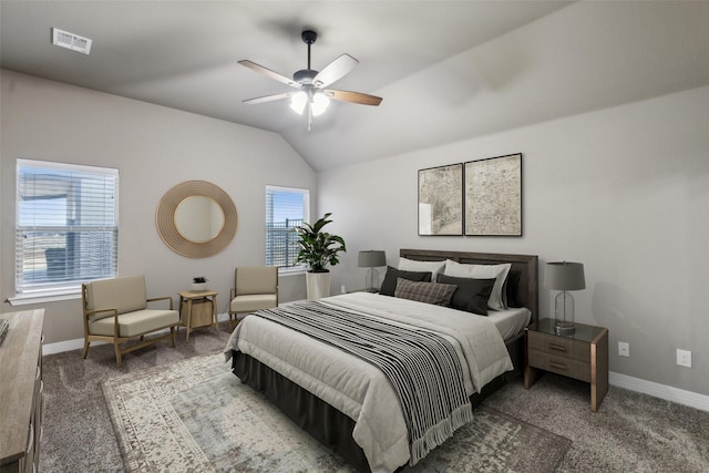 carpeted bedroom featuring vaulted ceiling and ceiling fan