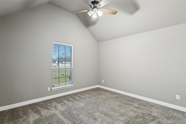 unfurnished room with lofted ceiling, carpet flooring, and ceiling fan