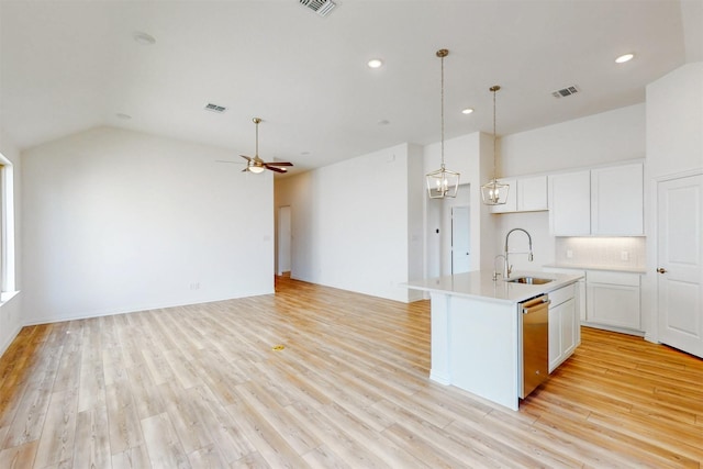 5208 Greenbrook Rd, Denton, TX 76226 - kitchen featuring a sink, a ceiling fan, white cabinets, stainless steel dishwasher, and recessed lighting