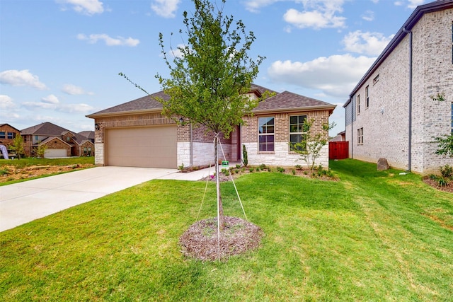 5208 Greenbrook Rd, Denton, TX 76226 - single story home with driveway, a garage, brick siding, a front lawn, and roof with shingles
