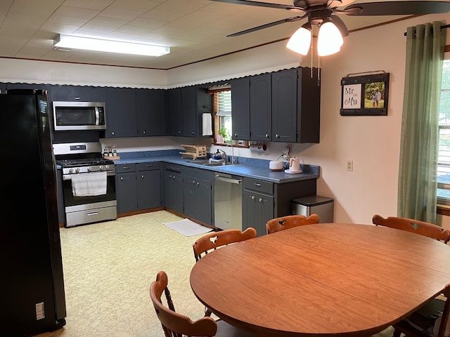 kitchen with sink, gray cabinets, ceiling fan, and appliances with stainless steel finishes