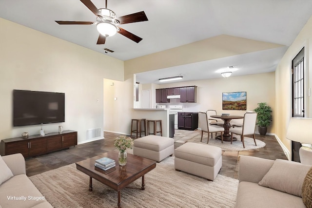 living room featuring lofted ceiling and ceiling fan