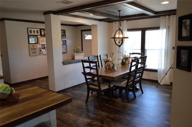 dining space featuring a chandelier, coffered ceiling, dark wood-type flooring, and beam ceiling