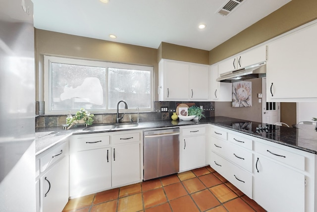 kitchen with white cabinetry, dishwasher, sink, and black electric cooktop