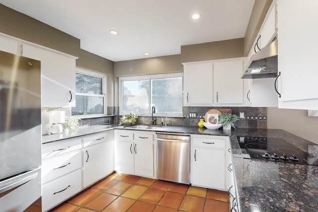 kitchen featuring sink, white cabinetry, stainless steel appliances, range hood, and tile patterned flooring