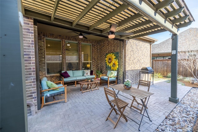 view of patio / terrace with a grill, a pergola, an outdoor hangout area, and ceiling fan