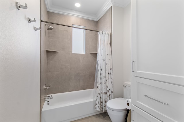 full bath with shower / tub combo, toilet, ornamental molding, and tile patterned flooring