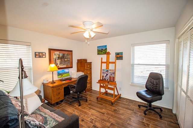 office area with ceiling fan