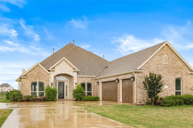 view of front of property featuring a garage and a front lawn