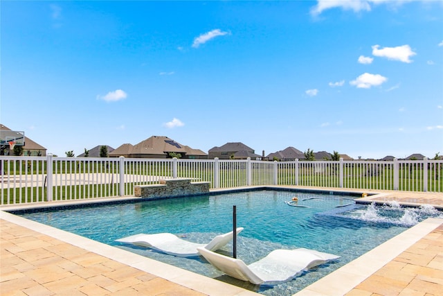 view of pool with pool water feature