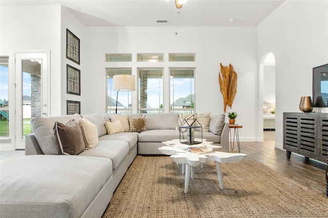 living room with hardwood / wood-style flooring and ornamental molding