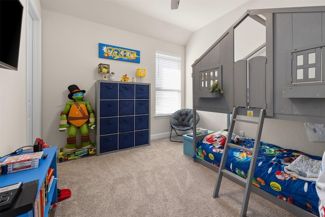 game room featuring light carpet and vaulted ceiling