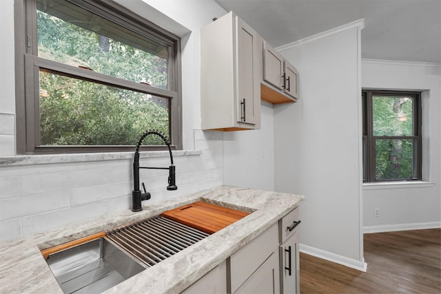 kitchen featuring tasteful backsplash, sink, dark hardwood / wood-style flooring, light stone counters, and crown molding