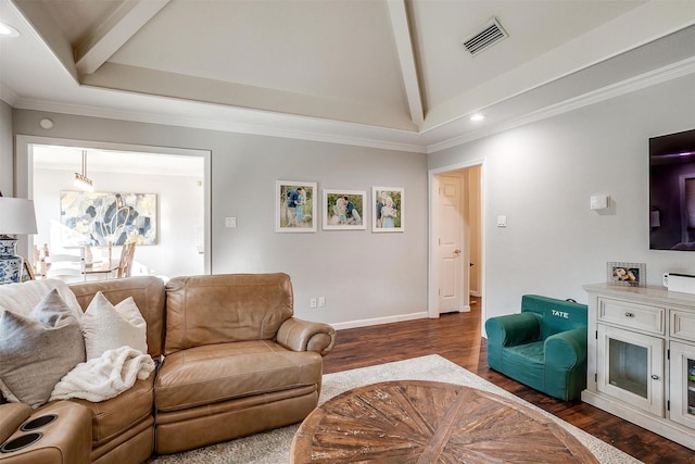 living room with beamed ceiling, ornamental molding, and hardwood / wood-style floors