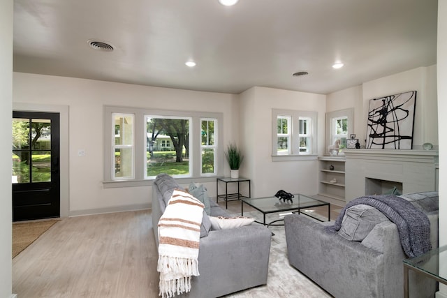 living room featuring a wealth of natural light and light hardwood / wood-style floors