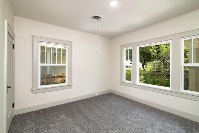 carpeted spare room featuring crown molding