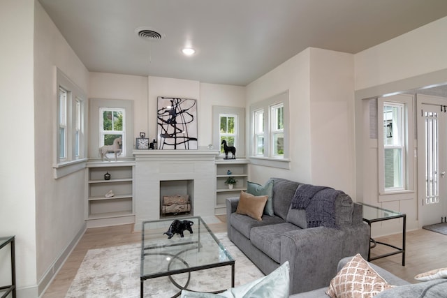 living room with a wealth of natural light and light wood-type flooring