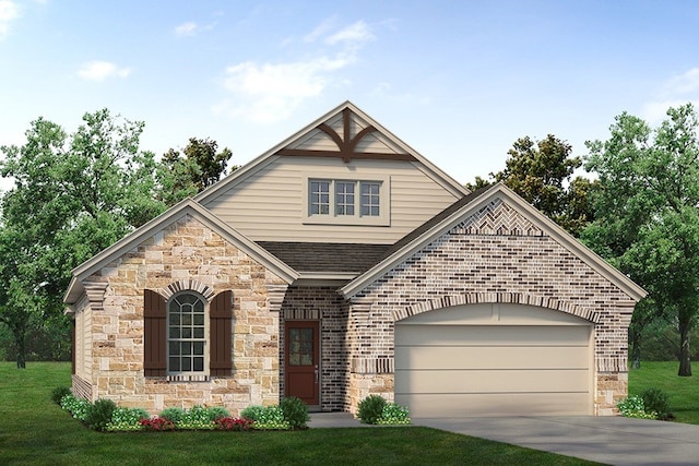 view of front of property featuring concrete driveway, brick siding, a garage, and a front yard