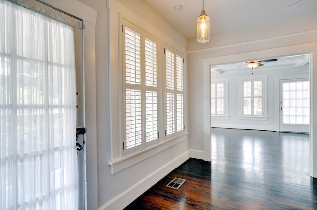 doorway to outside with dark wood-type flooring and ceiling fan