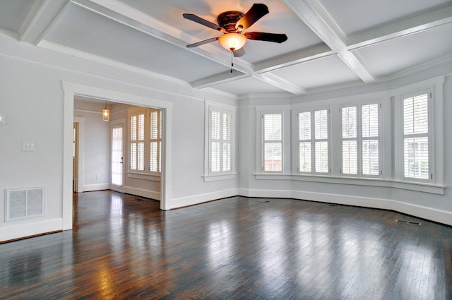 unfurnished room with dark hardwood / wood-style flooring, coffered ceiling, ceiling fan, and beam ceiling