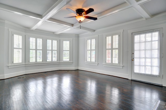 unfurnished sunroom featuring coffered ceiling, ceiling fan, and beamed ceiling