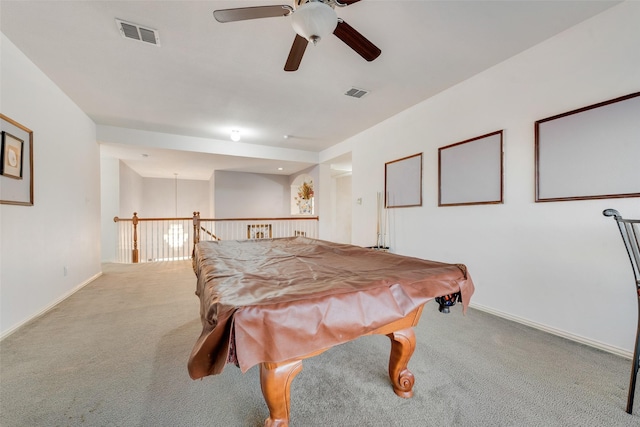 game room with ceiling fan, billiards, and light colored carpet