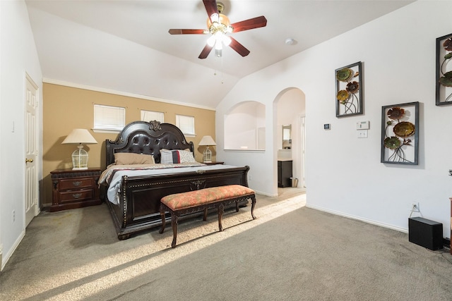 bedroom with carpet, vaulted ceiling, and ceiling fan